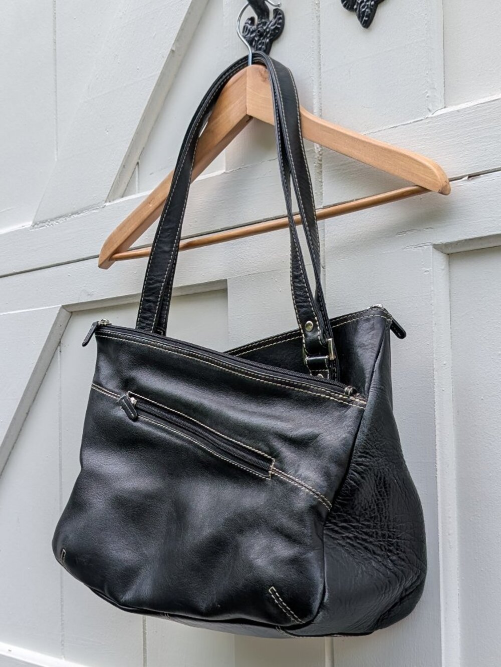 Vintage Black Leather Cream Contrast Stitch Multi Pocket Shoulder Bag Tote